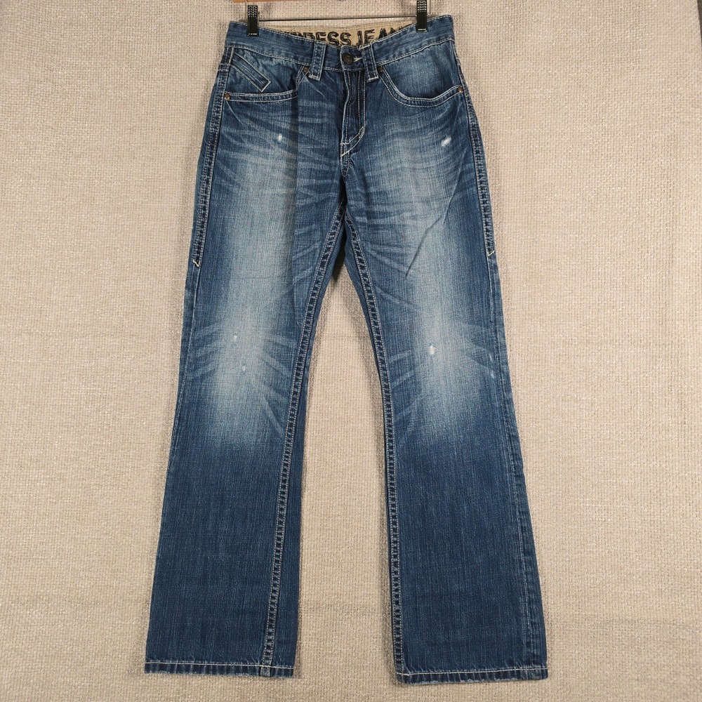 Express Jeans Mens Kingston Boot Cut Medium Wash Distressed Denim 30x32 Blue